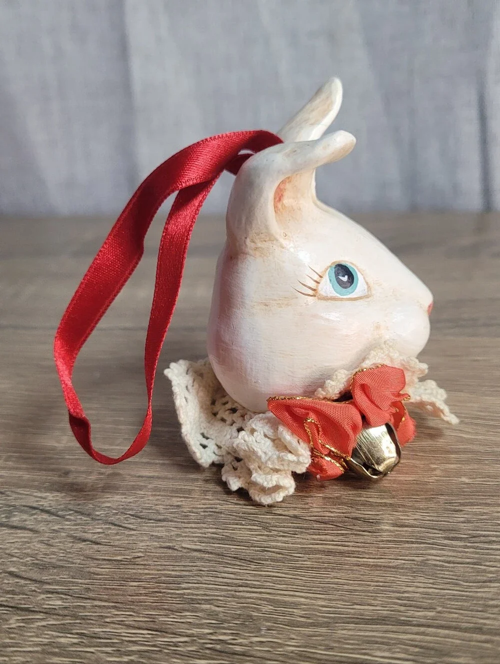 Vintage Whimsical Hand-Painted Bunny Rabbit Ornament W/ Lace Collar Farmhouse